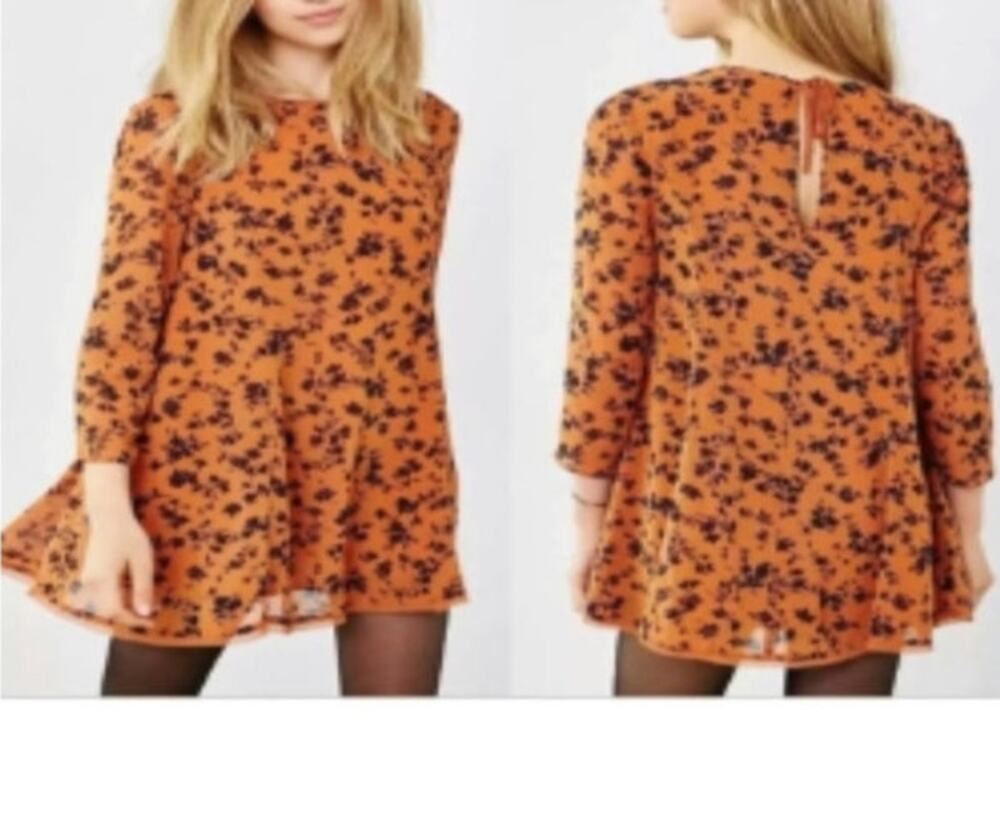 Urban Outfitters Kamchi Blue Orange Floral Long sleeve Mini Fit & Flare Dress Md